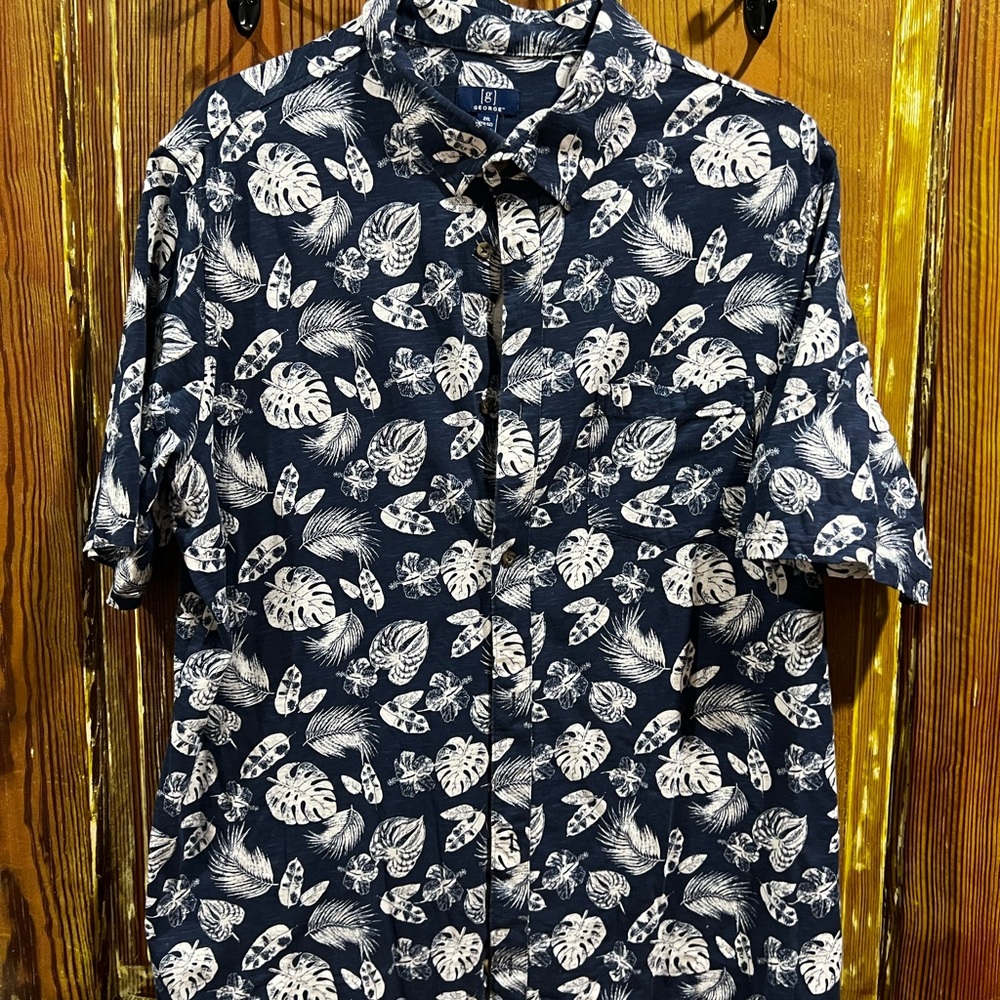 George Navy and White Tropical Print Short Sleeve Button-Down Shirt